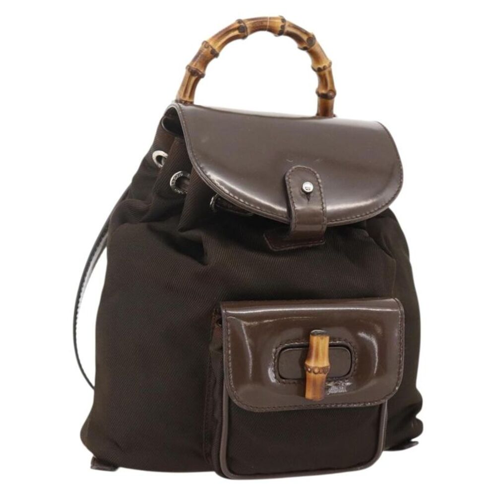 Gucci Vintage Bamboo Backpack Nylon And Patent Leather Brown Nylon Backpack Bag - Picture 15 of 16